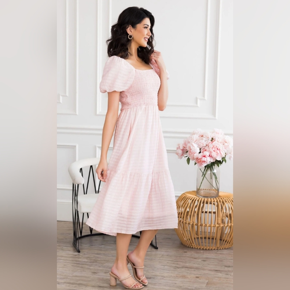 Polagram Pink Tiered Ruffled Midi Dress